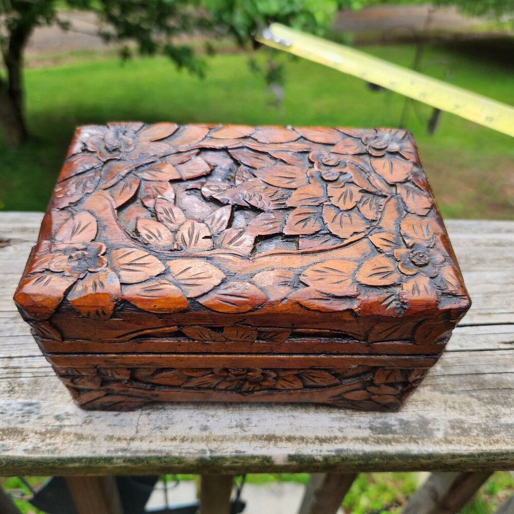 Hand-Carved Wooden Jewelry Trinket Box With Floral & Bird Design